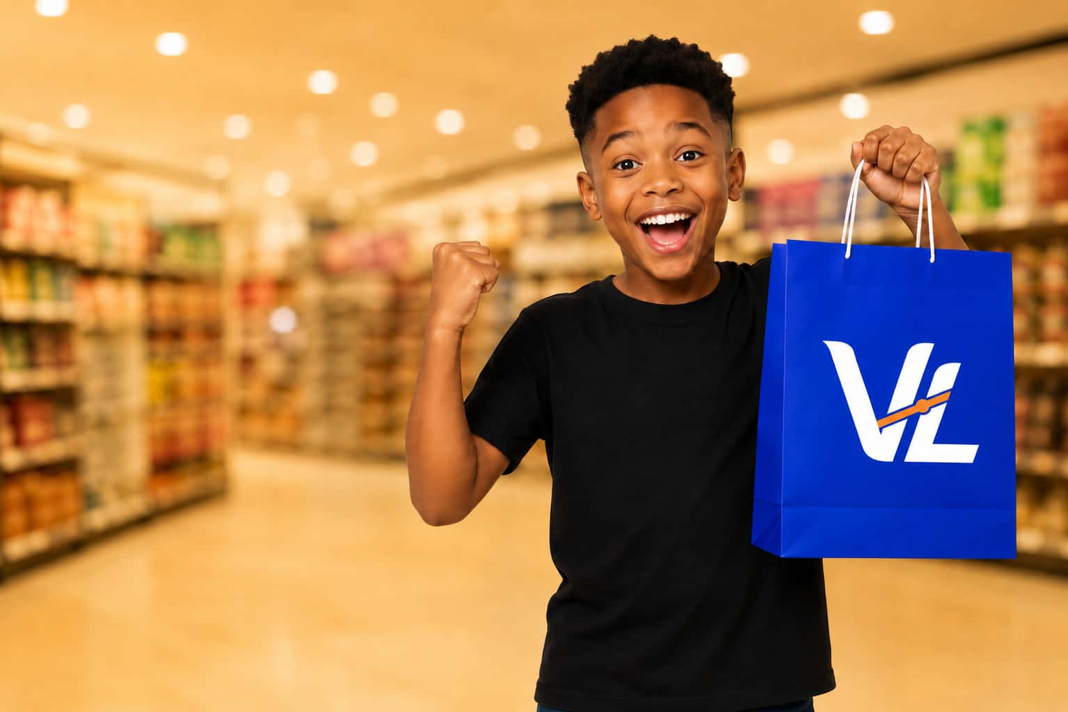 Boy holding VL shopping bag